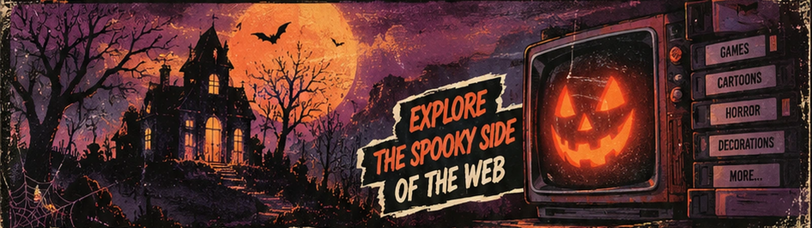 Haunted mansion, enormous autumn moon and a glowing jack-o-lantern on a vintage television — explore the Halloween web