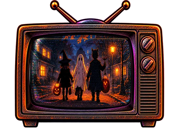 Animated retro television showing a Halloween night