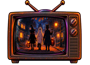 Animated vintage Halloween television with trick-or-treaters