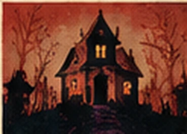 A vintage-style haunted house beneath a red moon
